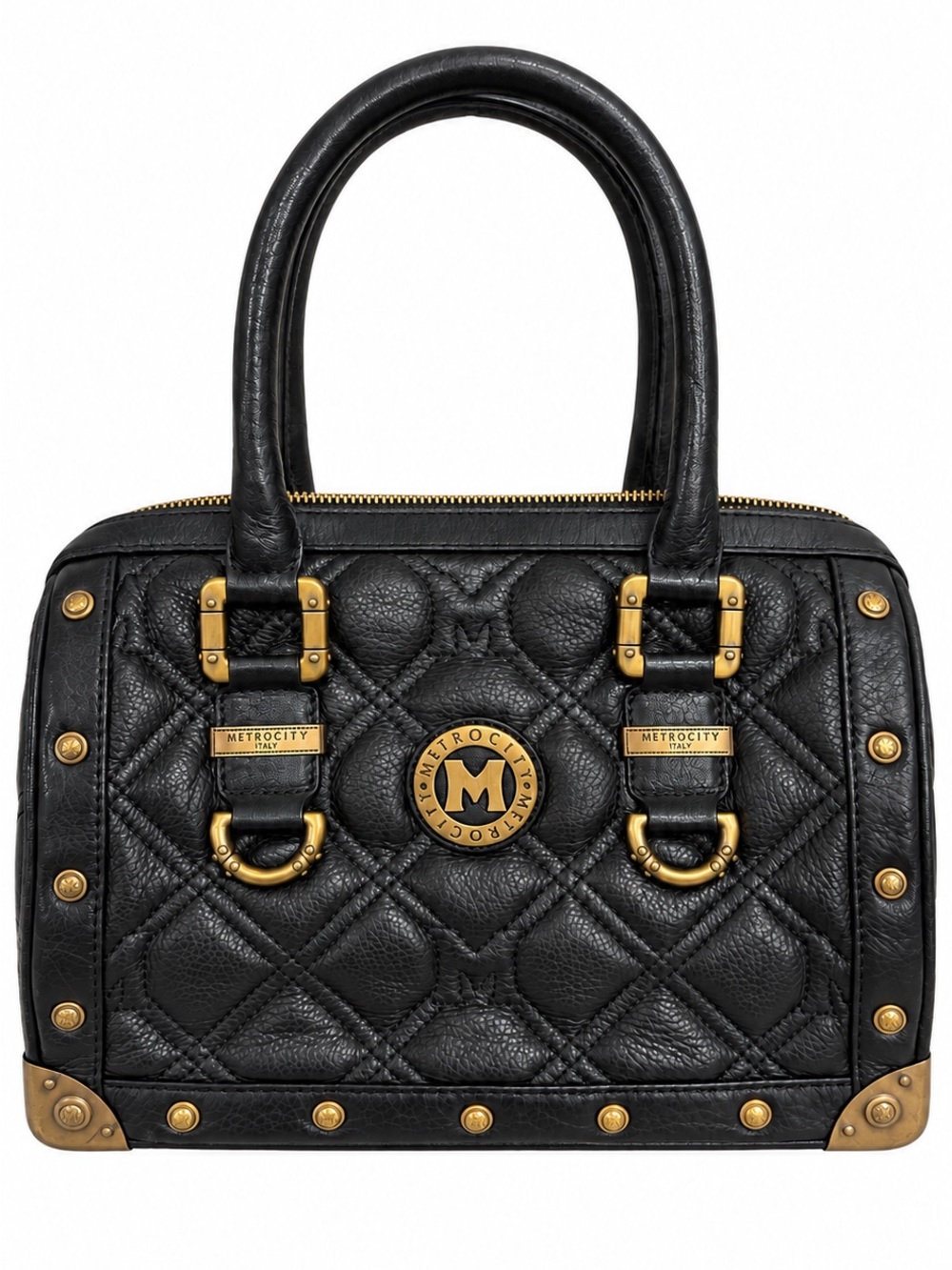 Metrocity Italy Quilted Black Leather Satchel Trunk Bag with Brass Accents